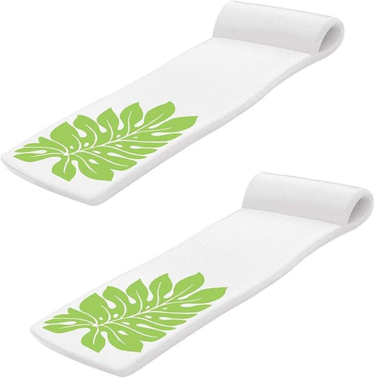 TRC Recreation 2-Pack Sunsation 1.75" Thick Foam Pool Float Lounger, White with Green Leaf w/Headrest for Lounging & Sunbathing in Swimming Pools, Beaches & Lakes, 70" x 26"