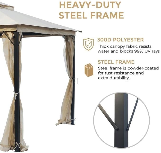Outdoor Patio Gazebo 10x10, Heavy Duty Gazebos, Soft Top Gazebo with Metal Frame, Double Roof Canopy, Mosquito Nets, Permanent Pavilion for Decks & Backyards