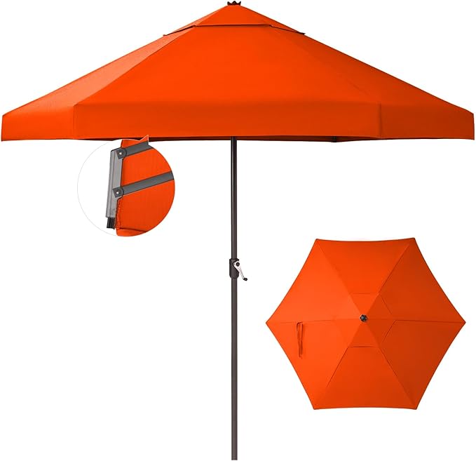 CROWN SHADES 9 Ft Patio Umbrella with Auto-Tilt & Olefin Fabric - Patented 90° Edge Connection Wind Resistant, Outdoor Umbrella for Table, Pool, Beach, Effortless Crank System