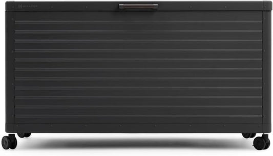 MIRADOR 134 Gallon Outdoor Storage Box Waterproof, Metal Deck Box with wheels for Patio Furniture, Garden Tools, Outdoor Cushion, Charcoal