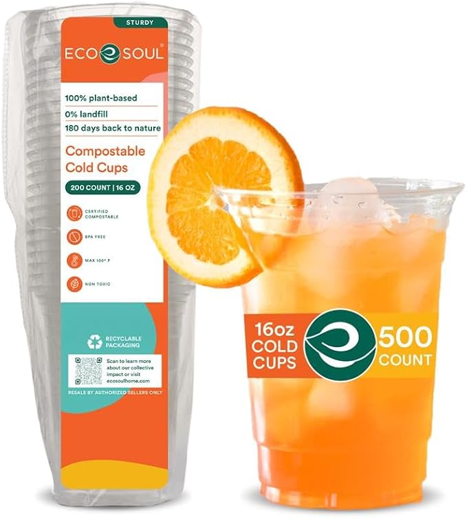 ECO SOUL 500 Pack Compostable Party Cups 16 oz Plant-Based Disposable Clear Cold Cup for Wine, Coffee, Smoothie & Soda Drinks | Cocktail Parties & Birthdays | Non-Toxic & BPA-Free Zero Plastic Glass