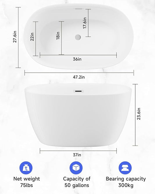 47‘’ White Acrylic Freestanding Bathtub, Oval Freestanding Bathtub with Chrome Overflow and Pop-Up Drain