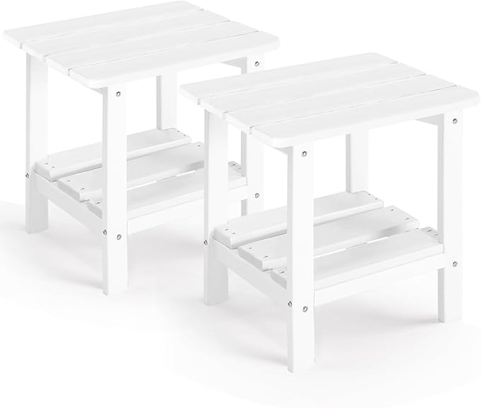 Set 2 Adirondack Outdoor Side Table, 2-Tier Small Patio End Table, Weather Resistant HDPE Outdoor End Tables for Garden, Lawn, Pool, Beach, Porch, Deck, Backyard - Square, White