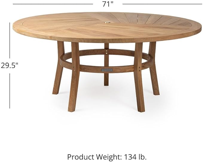 Ash & Ember Savannah Grade A Teak Round Dining Table, 71" Teak Wood Table, Weather-Resistant Premium Solid Wood Furniture, Fits Standard Patio Umbrellas, Fits 6 People Comfortably