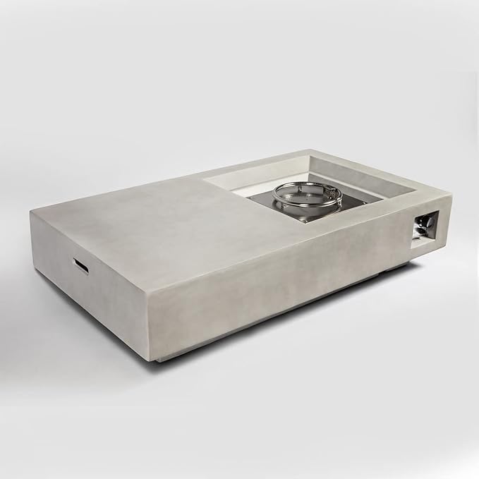 60" Firepit Table for Outside, 50,000 BTU Large Rectangular Concrete Outdoor Firepit Tables, Laval Rocks, Side Handles, Fits 20lb Tank Outside, Grey