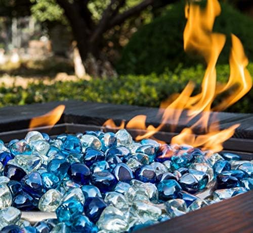 Fire Glass Diamond 1 Inch Fire Pit Glass Rocks for Propane or Gas Fire Pit 20 Pounds, White/Cobalt Blue/Margarita Azura Blue Blend(Gift Package)