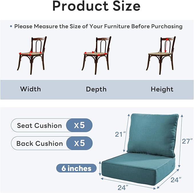 6" Thicker Outdoor Chair Cushion 5 Sets - 24" *24" *6" Waterproof Patio Furniture Cushions with Removable Cover, 28D High Density Sponge Filling Thicken Outdoor Patio Cushions - Peacock Blue