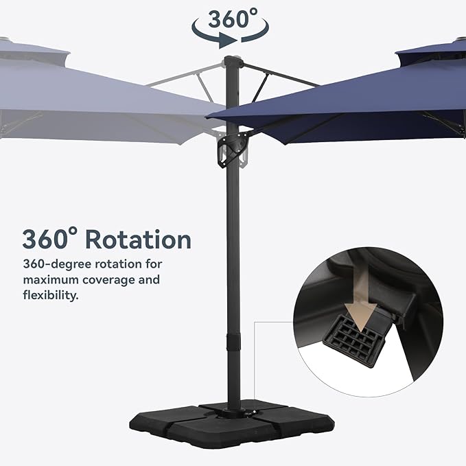 GREEN PARTY 12x9 ft Cantilever Patio Umbrella with Base Included, Rectangle Offset Outdoor Umbrellas with 360° Rotation, 5-Year-Non-Fading Hanging Pool Umbrella for Garden Deck Poolside - Navy Blue
