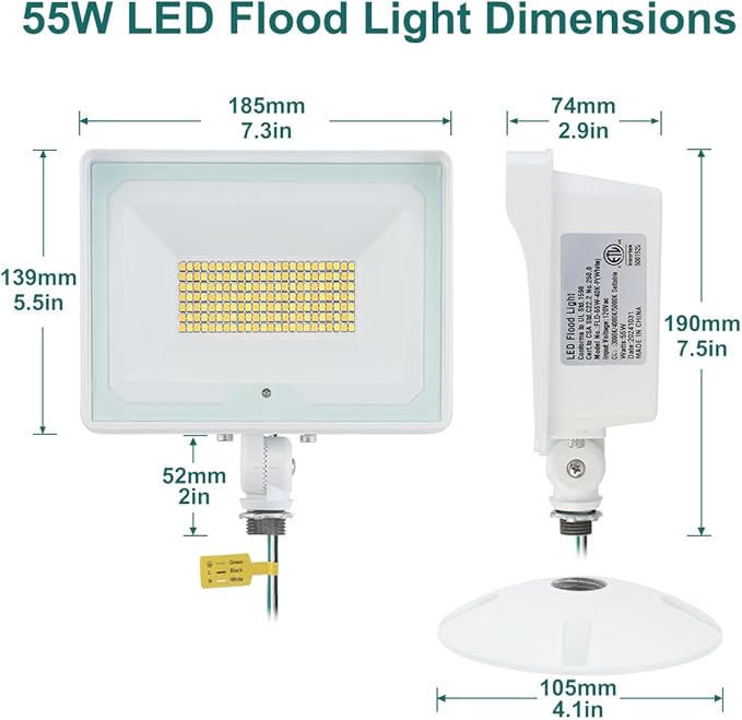 kadision 55W White LED Flood Light with Dusk-to-Dawn Photocell, 3000K/4000K/5000K Selectable, 120V 6600lm IP65 Waterproof Knuckle Mount Outdoor Security Lights, ETL Listed