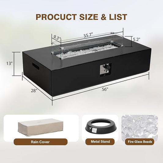2-Piece Outdoor Propane Fire Pit Table Set – Premium Marble-Like MgO Finish, 56-Inch Gas Fire Table with Glass Wind Guard for Patio, Garden & Backyard, Includes Rain Cover & Glass Beads