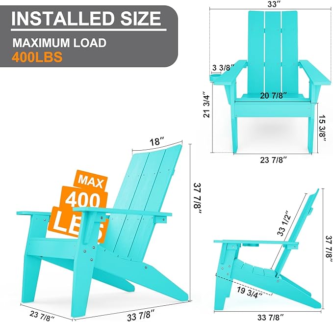 MXIMU Adirondack Chair Set of 2: Modern Adirondack Chairs Fire Pit Chairs Plastic Outdoor Chairs for Lawn Backyard Deck Garden Camping (Aruba)