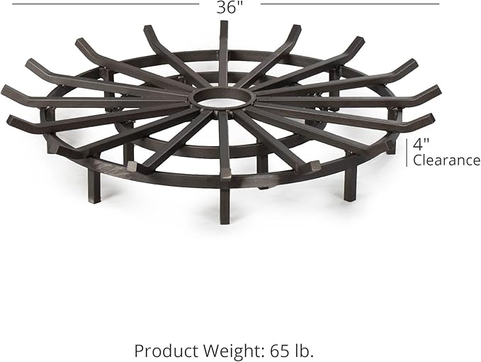 Ash & Ember 36" Wagon Wheel Fire Grate, High-Efficiency Smoke-Free Fireplace Log Grate, Decorative Wood Burning Lifted Grate Pit, Sandblasted Steel with Light Oil Coating