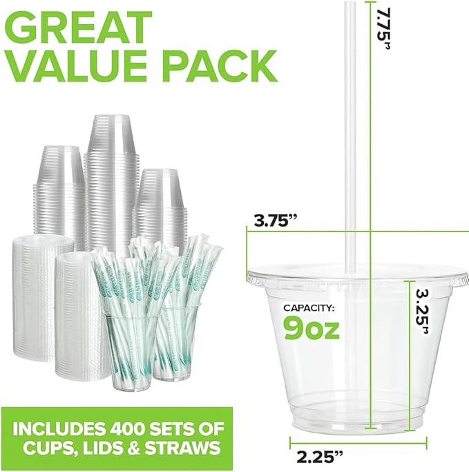 Stock Your Home 9 oz Clear Commercially Compostable Cups with Lids and Straws Set of 400, Eco Friendly Disposable Cups