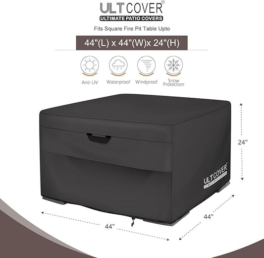ULTCOVER Patio Fire Pit Table Cover Square 44 inch Outdoor Waterproof Fire Bowl Cover, Black