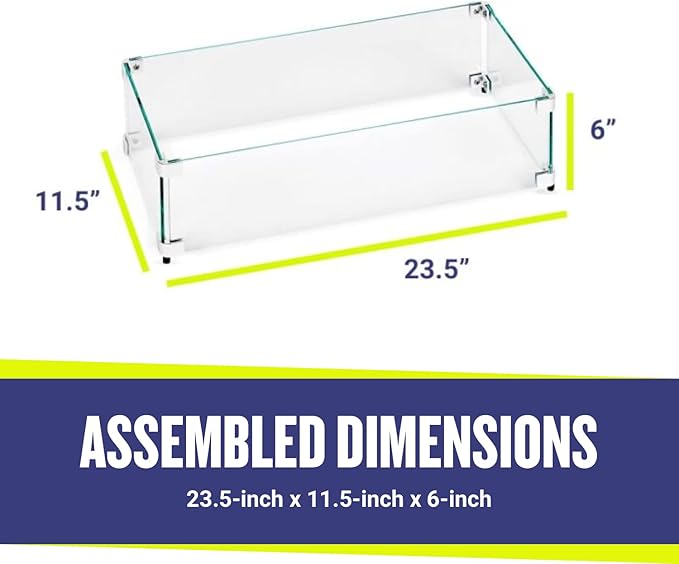 American Fireglass Tempered Glass Flame Guard for 18" x 6" Rectangular Drop-in Fire Pit Pans | Outdoor Wind Guard with Aluminum Fire-Resistant Brackets & Non-Slip Feet | 23.5-inch x 11.5-inch x 6-inch