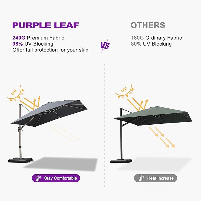 PURPLE LEAF 9' x 11' Patio Umbrella with Base Cantilever Umbrella Rectangular Outdoor Offset Umbrella with Champagne Frame and 360° Rotation for Garden Deck Pool, Grey