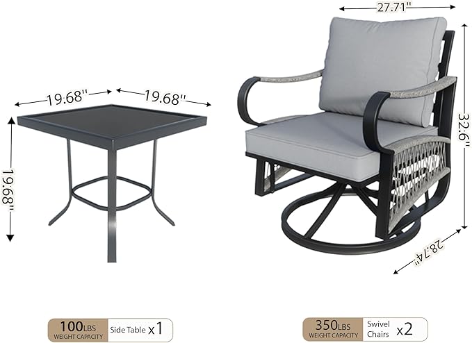 3 Pieces Outdoor Rocking Chairs, 360° Swivel Glider Patio Bistro Sets with Waterproof Cushion Cover, Conversation Furniture Set with Side Table for Porch Balcony Backyard, Gray