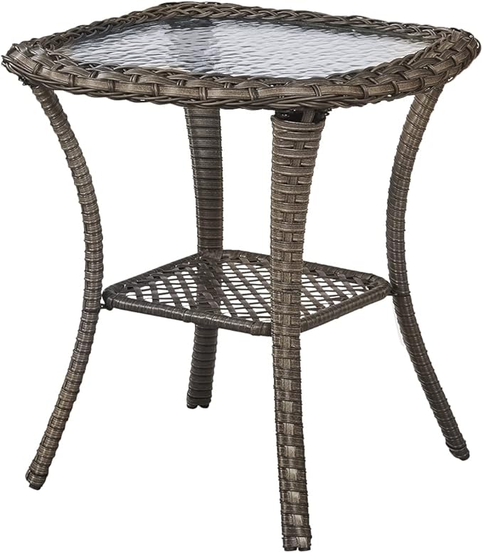 Rilyson Patio Tables Wicker Side Table - Rattan End Table with Glass Top for Outdoor Outside Patio Porch Deck Square Mixed-Grey