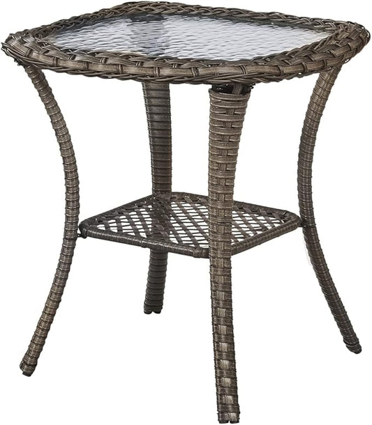 Rilyson Patio Tables Wicker Side Table - Rattan End Table with Glass Top for Outdoor Outside Patio Porch Deck Square Mixed-Grey