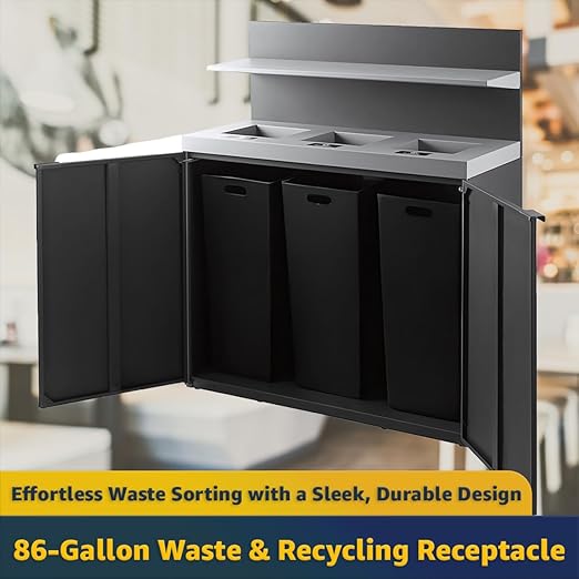 Zedfire 3-Stream Dark Gray Steel Garbage Recycling Station with Tray Holder 86 Gallon for Kitchen, Commercial Decorative Compost Bin