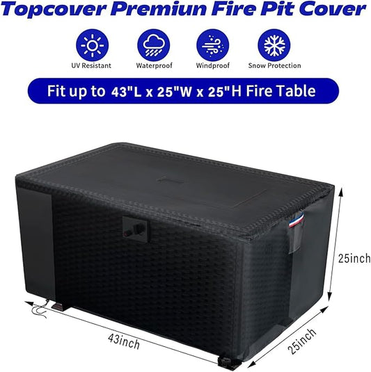 Fire Pit Cover Rectangular,600D Outdoor Furniture Covers Waterproof For Patio Tables,43" Propane Gas Firepit Table Cover For Rectangle Fireplace,43"L x 25"W x 25"H