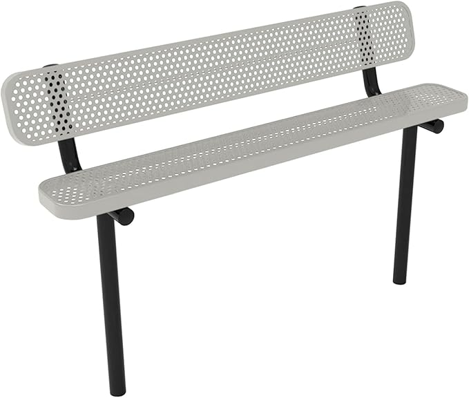 COATEDOUTDOORFURNITURE Coated Outdoor Furniture Heavy-Duty Outdoor Bench Thermoplastic Coated, Punched Steel, Commercial-Grade Seating, Made in America (Inground with Back, 6 Ft, Grey)