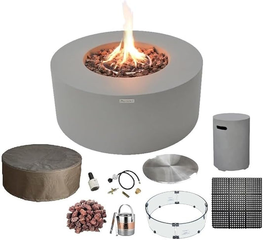 AMS Fireplace | Modeno Tramore Package | Light Gray Liquid Propane Gas Fire Pit Table for Outside Patio Bundle with Tank Cover, Wind Guard, and SS Burner Lid | Free Ice Bucket & Rubber Mat