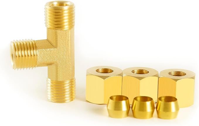 ChillWaves Brass Tee Compression Tube Fitting, 3/8" OD x 3/8" OD x 3/8" OD Compression Union Connector(5-PACK)
