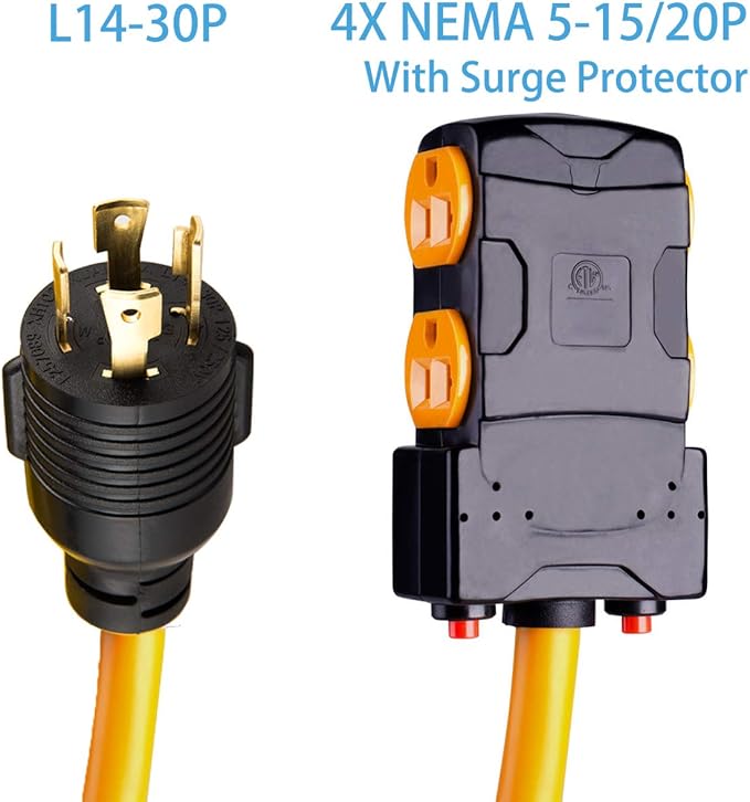 Yodotek 1.5Ft Generator Cord with Surge Protector Breaker,Heavy Duty Generator Locking Cord,NEMA L14-30P/Four 5-20R,4 Prong 10 Gauge Flexible Cable,Power Extension Cord, 30Amp 7500 Watts