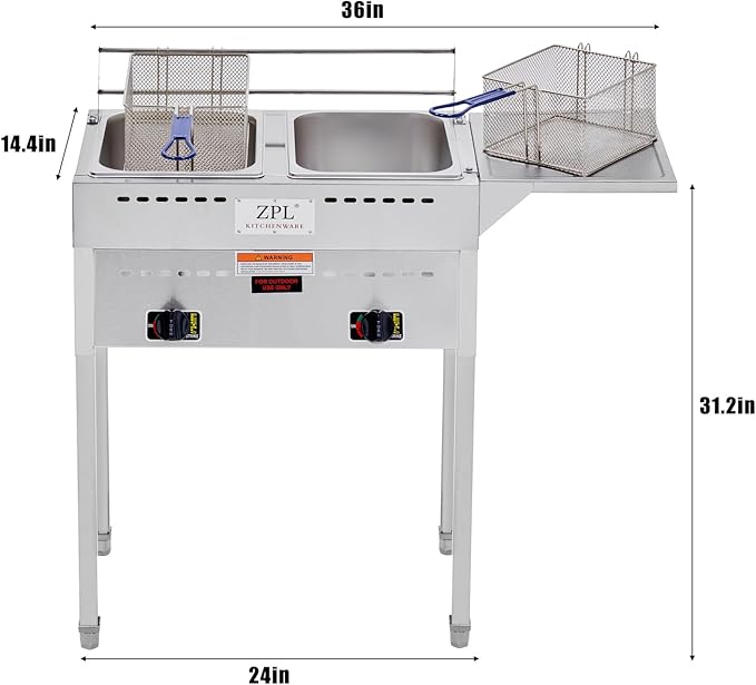 ZPL Kitchenware Deep Fryer – Propane Deep Fryer for Outdoor- 18 Qt Stainless Steel Commercial Quality Double Fryer with Baskets, Lids & Hose - Ideal for Frying Fish, Wings, and More