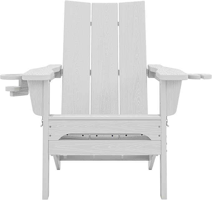 SERWALL Modern Folding Adirondack Chair Set of 8, Weather Resistant HDPE Outdoor Adirondack Chair with Cup Holders, Fire Pit Chairs for Patio Lawn Garden, White