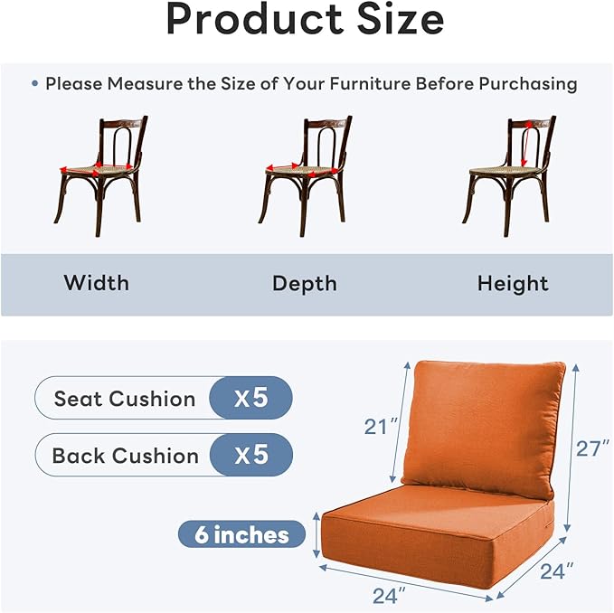 6" Thicker Outdoor Chair Cushion 5 Sets - 24" *24" *6" Waterproof Patio Furniture Cushions with Removable Cover, 28D High Density Sponge Filling Thicken Outdoor Patio Cushions - Orange