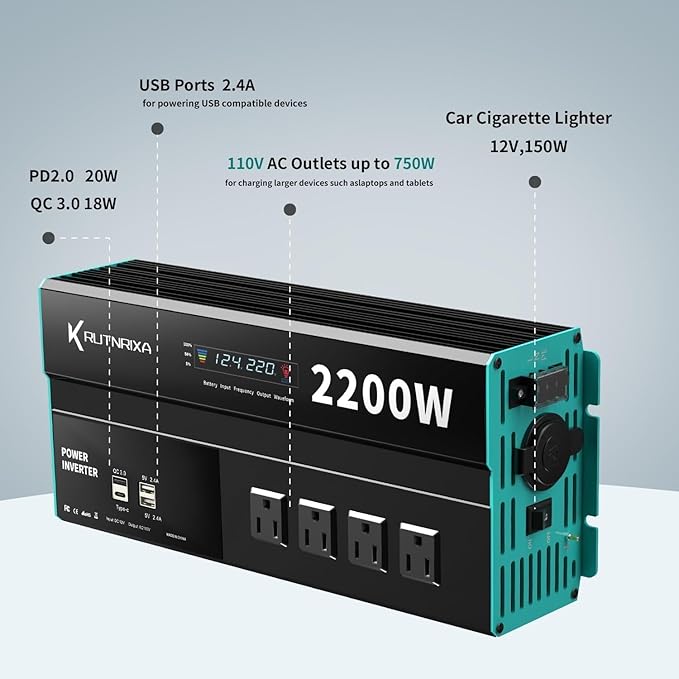 Power Inverters 500W 12V DC to 110V AC Converter for Vehicles USB-C/PD 25W Fast Charging Ports Car Charger Adapter with a Cigarette Lighter Ports Plug Outlet(Modified sine wave-2200W)