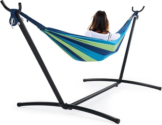 Sweetcrispy Double Hammock with Space Saving Steel Stand Heavy Duty 2 Person Standing Hammocks 450lb Capacity for Outside Garden Yard with Portable Carrying Bag