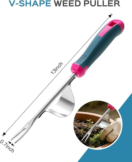 Weed Puller Tool, Stainless Steel Hand Weeder with Metal Leverage Base and V-Shaped Forks for Easy Weed Removal & Deep Root Digging, Ergonomic Soft Grip Handle Manual Weeding Tool for Garden and Lawn