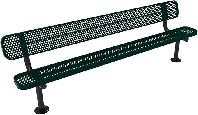 COATEDOUTDOORFURNITURE Heavy-Duty Outdoor Bench Thermoplastic Coated, Punched Steel, Commercial-Grade Seating, Made in America (Surface with Back, 8 Ft, Textured Dark Green)