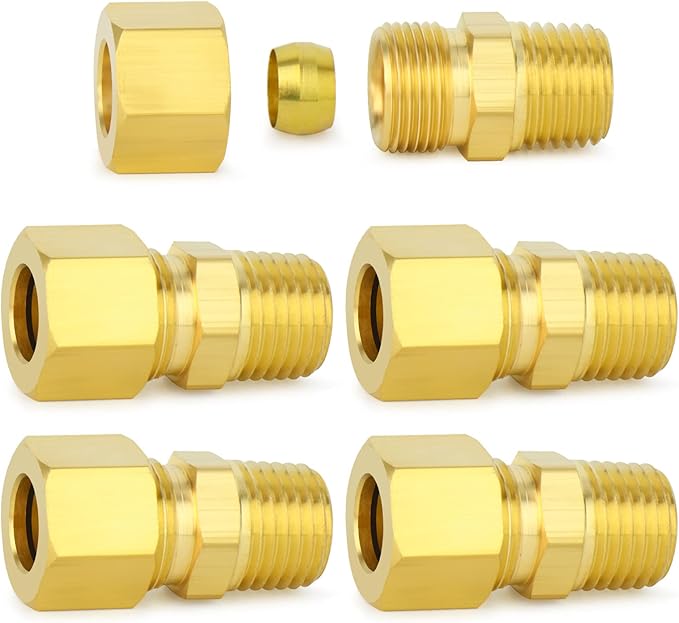 ChillWaves Brass Compression Tube Fitting, 1/2" OD x 3/8" NPT Male Compression Union Connector(5-PACK)