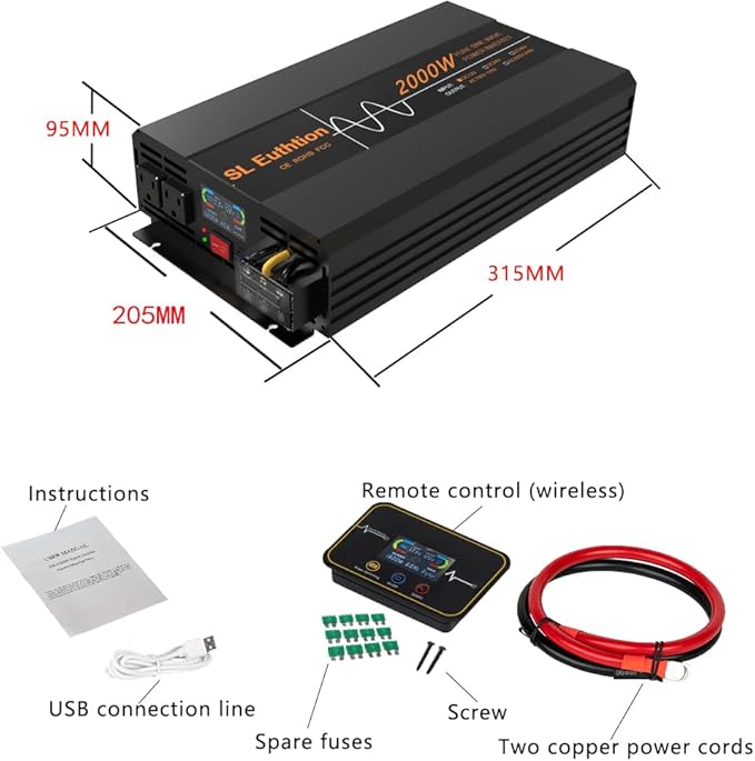 2000W Pure Sine Wave Power Inverter 12V DC to 120V AC 60HZ with LCD Display, USB Port, Wireless Remote Control（10M）, Solar, Outdoor