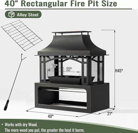 40" Wood Burning Fireplace, Outdoor Fireplace with Wood Storage and Removable Fire Grill, Steel Fire Pit, Woods Burning Chimney for Outside Patio Deck Garden Backyard (Black)