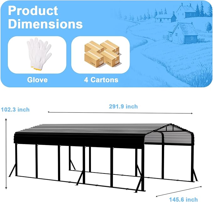12x25FT Heavy Duty Metal Carport Canopy - Reinforced Galvanized Steel Frame, All-Weather Protection, Easy Assembly Car Port Shelter for Vehicles, Boats & Tractors