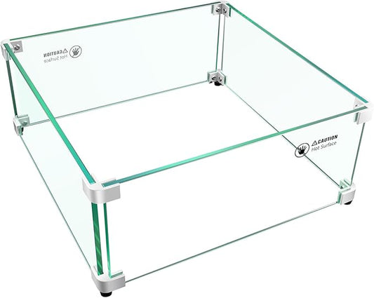 Fire Pit Wind Guard: 17.5" x 17.5" x 7" Square Fire Pit Glass Wind Guard for Outdoor Propane/Natural Gas Fire Pit Table, Thick Tempered Glass and Hard Aluminum Corner Bracket, Easy Assembly