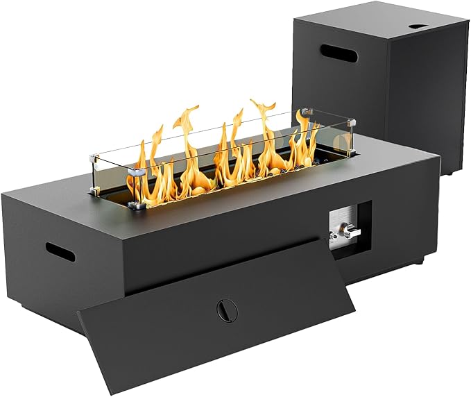 42" Rectangular Propane Fire Pit Table 50,000 BTU Fireplace Table with Wind Guard, Lid, Rocks and Cover - Fire Pits & Outdoor Fireplaces - Gas Fire Pits for Outside Patio (Black, 42")