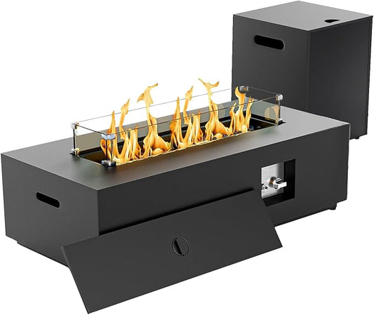 42" Rectangular Propane Fire Pit Table 50,000 BTU Fireplace Table with Wind Guard, Lid, Rocks and Cover - Fire Pits & Outdoor Fireplaces - Gas Fire Pits for Outside Patio (Black, 42")