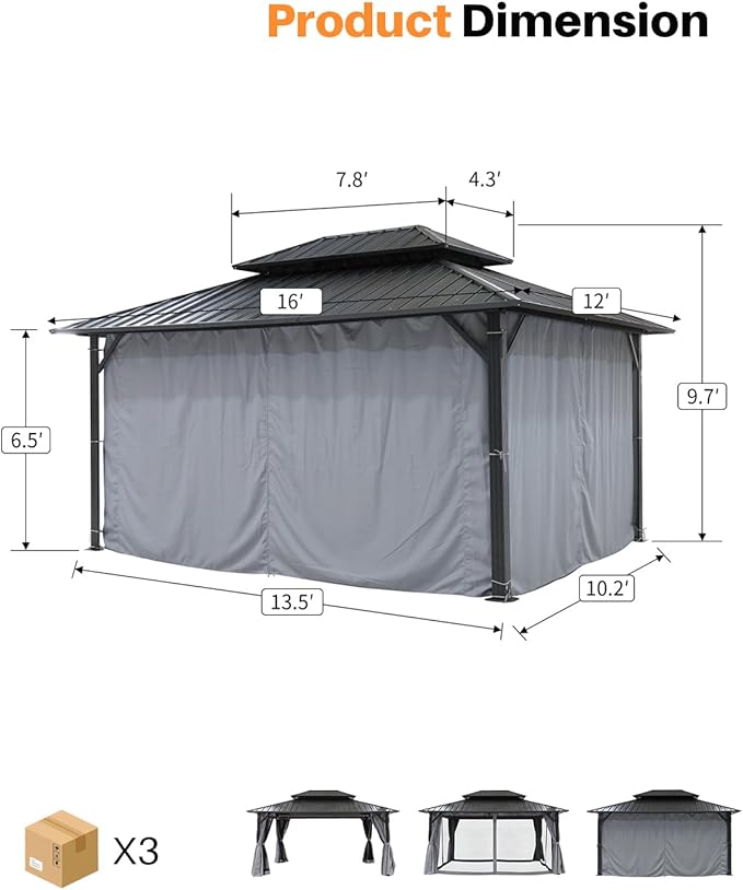 SEEHILL 12' x 16' Hardtop Gazebo, Outdoor Patio Gazebo, Aluminum Frame Patio Hardtop Gazebos with Netting and Curtain, Outdoor Patio Pergola with Double Steel Roofs for Deck, Lawns, Garden, Slate Gray