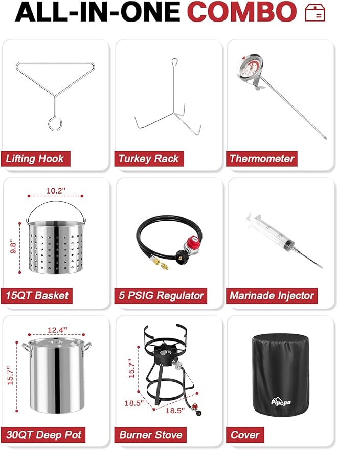 30QT Stainless Steel Turkey Fryer | Seafood & Crawfish Boiler | Basket, Cover & Skimmer Included | 50,000BTU Propane Burner | Perfect Fryer Kit for Holiday and Seasonal Cooking