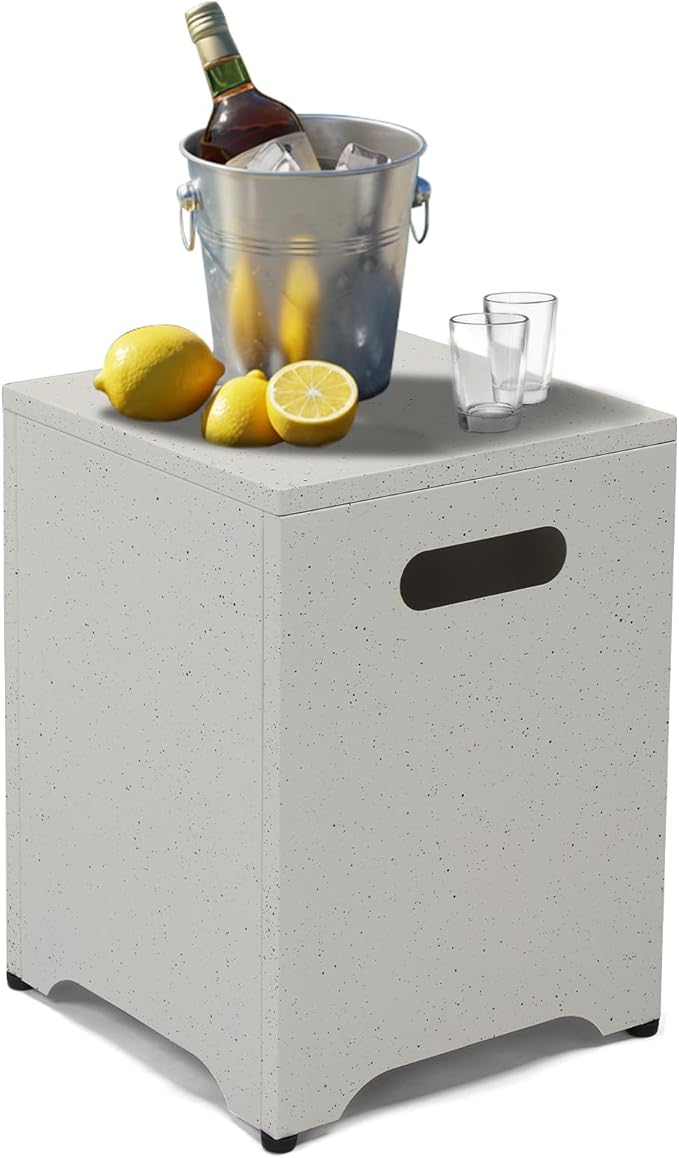 Outvita Outdoor Propane Tank Cover Table, 16in Propane Tank Storage Box with Carry Handle, Powder-Coated Steel, Multi - Use as Side Table for Patio, Garden & Living Room,16*16*21inch, marble color
