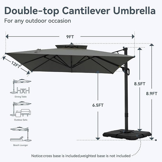 GREEN PARTY 12x9 ft Cantilever Patio Umbrella, Rectangle Offset Outdoor Umbrellas with 360° Rotation, 5-Year-Non-Fading Hanging Pool Umbrella for Garden Deck Poolside - Grey