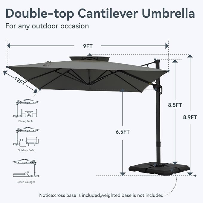 GREEN PARTY 12x9 ft Cantilever Patio Umbrella with Base Included, Rectangle Offset Outdoor Umbrellas with 360° Rotation, 5-Year-Non-Fading Hanging Pool Umbrella for Garden Deck Poolside - Grey