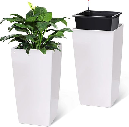 Garvee 30" Tall Planters Set of 2, Outdoor＆Indoor Black Planter Pots, High Front Porch Planter Pots with Drainage Holes＆Water Level Monitor＆Inner Bucket,White