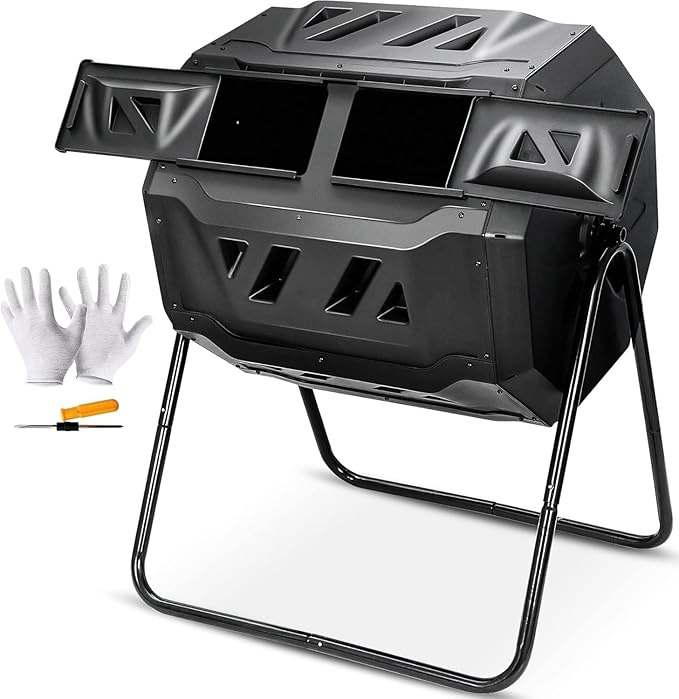 Saturnpower Large Composting Tumbler Dual Chamber Outdoor Garden Rotating Compost Bin Tumbling Composter with Sliding Door (43 Gallon, Black)